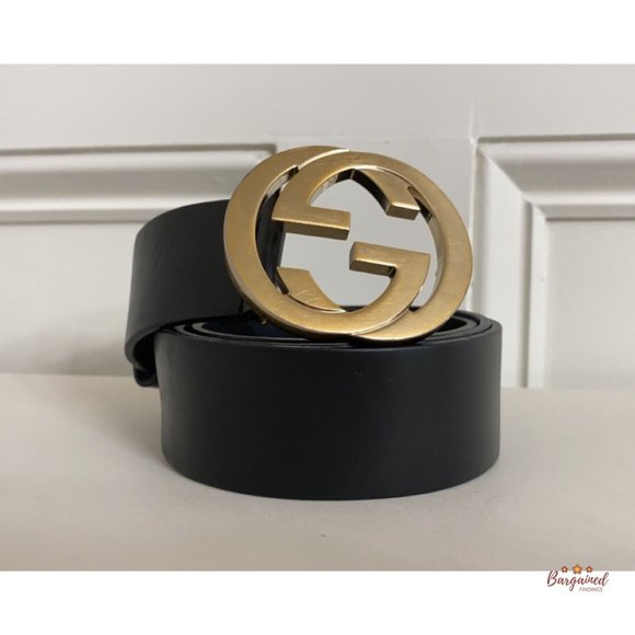 Authentic Gucci Black Calfskin Leather Gold Interlocking G Buckle Belt 90/36 - Picture 12 of 15